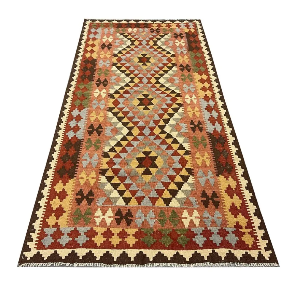 Tapis géométrique tribal en laine kilim multicolore traditionnel