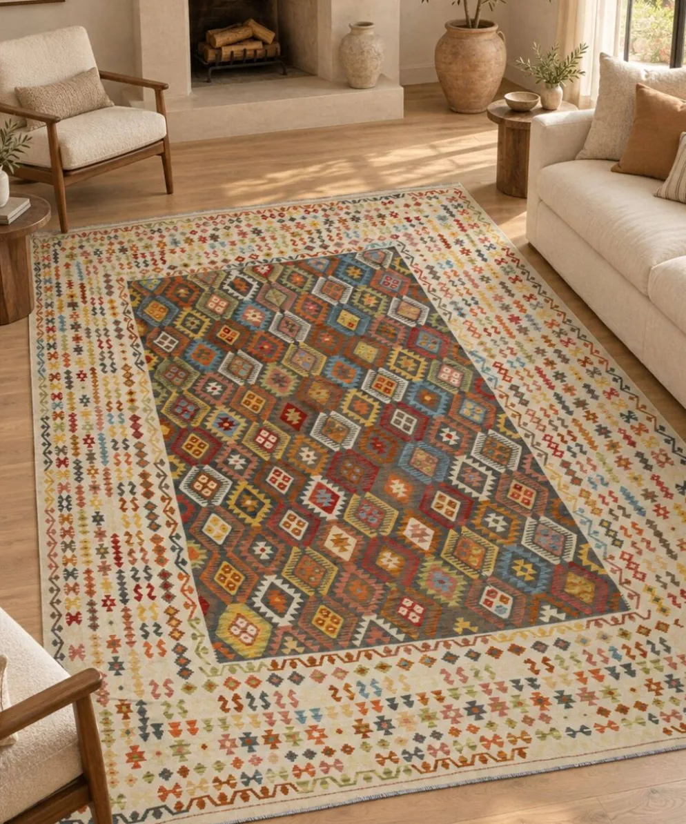 Tapis Kilim afghan surdimensionné, motif zigzag, tapis en laine tissé à la main