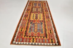 Tapis kilim anatolien doux rouge et orange 5x12, tapis kilim en laine, 139x377 cm
