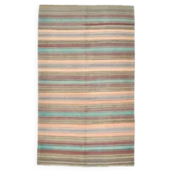 Tapis kilim en laine rayé orange pâle et vert menthe 4x7, lavable, 126x210 cm
