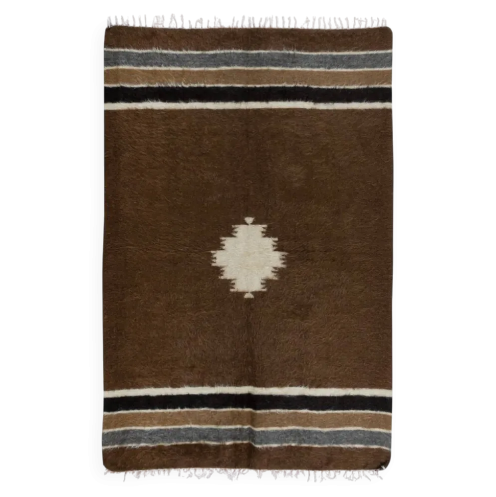 Tapis Kilim en mohair vintage. Couverture tissée à la main. Jeté de canapé turc. Housse de lit marron.