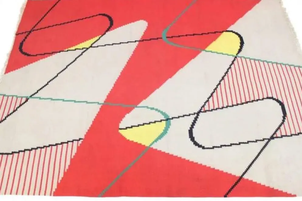 Tapis kilim moderne géométrique extraordinaire, A. Kybal, années 1950