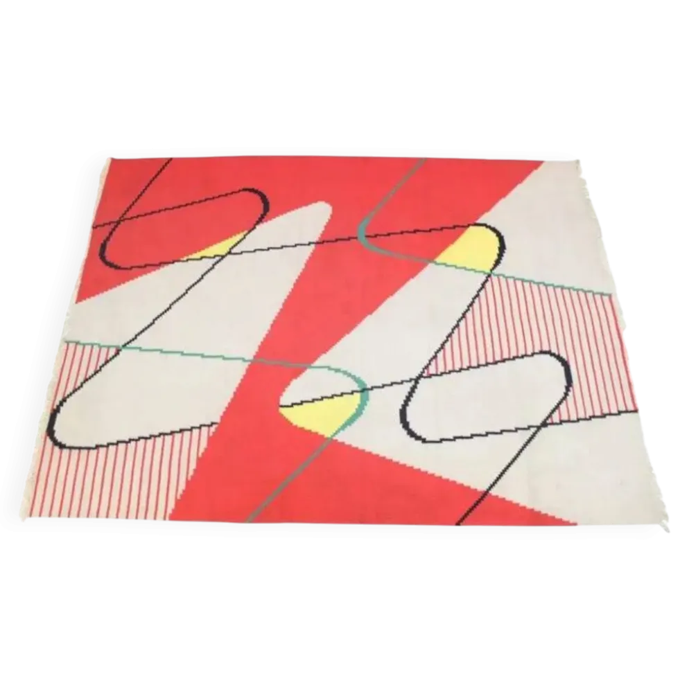 Tapis kilim moderne géométrique extraordinaire, A. Kybal, années 1950