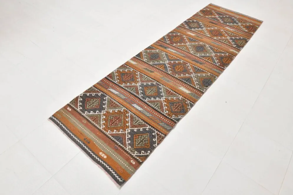 Tapis Kilim persan rouge et vert 3x9, 81x279 cm