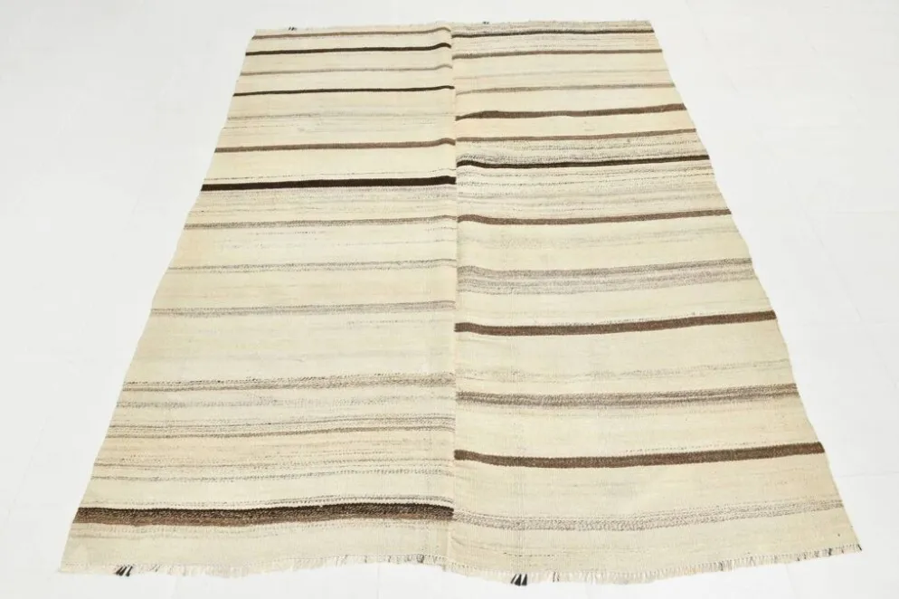 Tapis Kilim rayé beige et crème 5x7, 161x211 cm