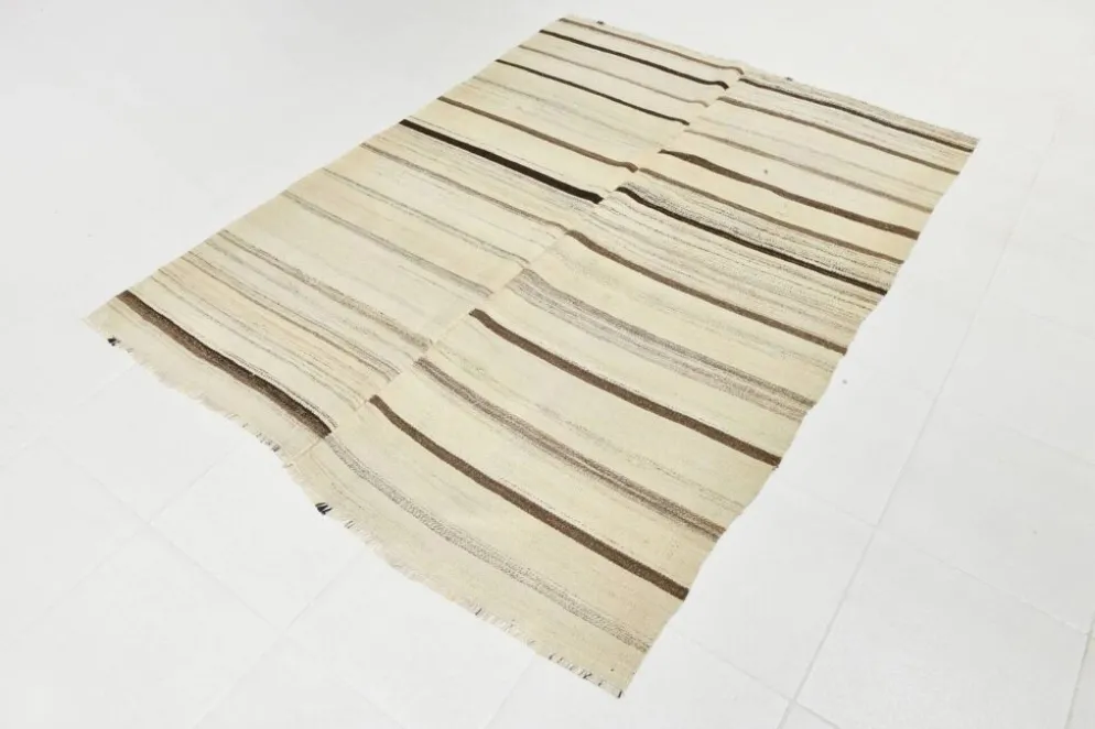Tapis Kilim rayé beige et crème 5x7, 161x211 cm