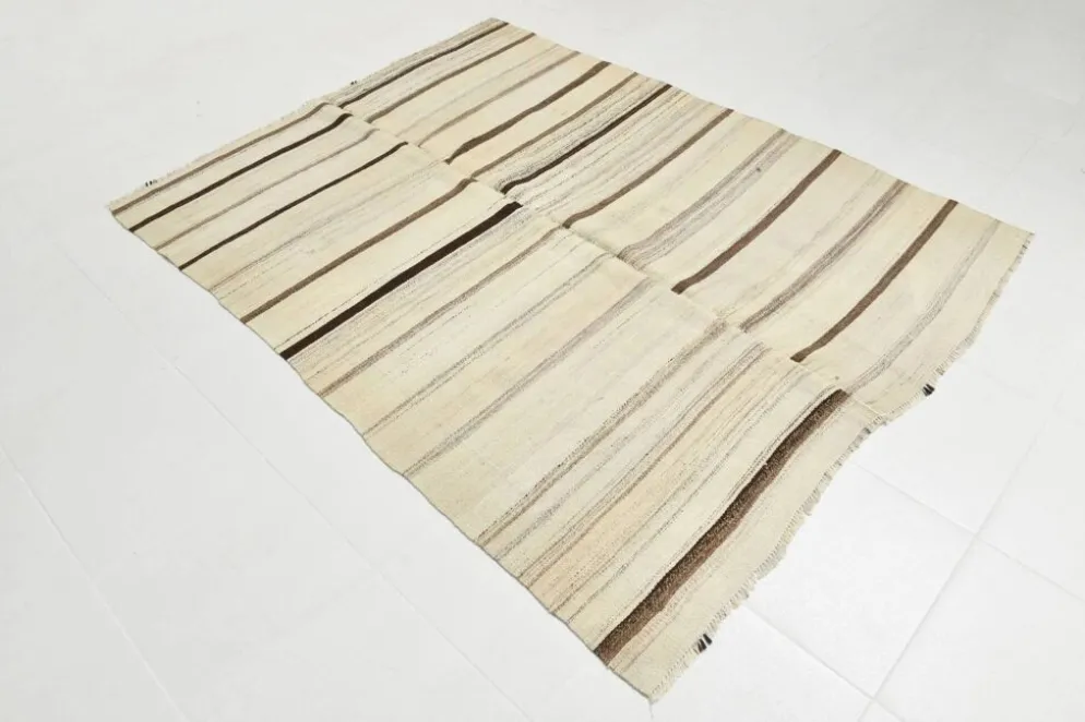 Tapis Kilim rayé beige et crème 5x7, 161x211 cm