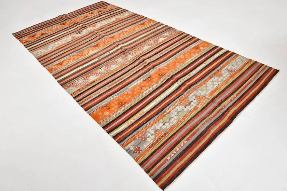 Tapis Kilim rayé couleur pêche 6x11, tapis Kilim en laine antique, 165x326