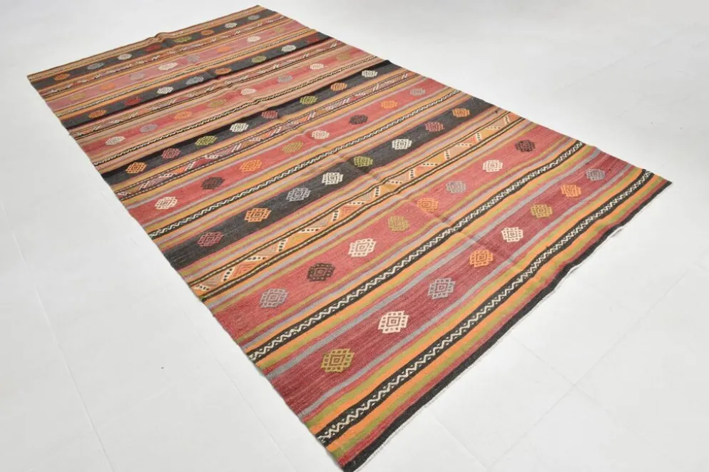 Tapis Kilim à rayures rouges, long et large, 190 x 356 cm