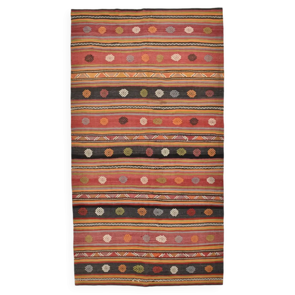 Tapis Kilim à rayures rouges, long et large, 190 x 356 cm
