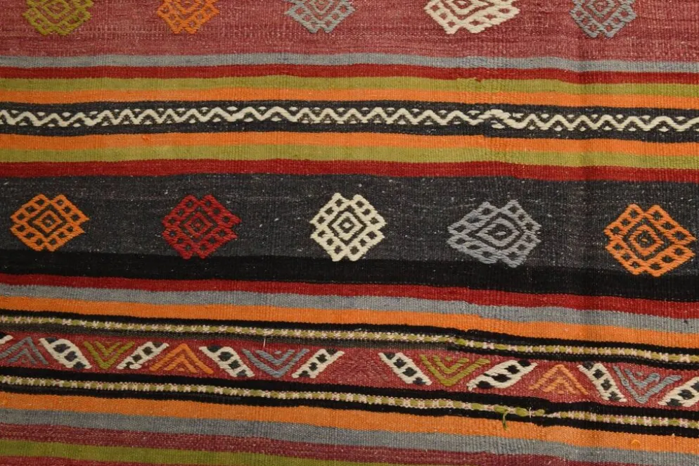 Tapis Kilim à rayures rouges, long et large, 190 x 356 cm