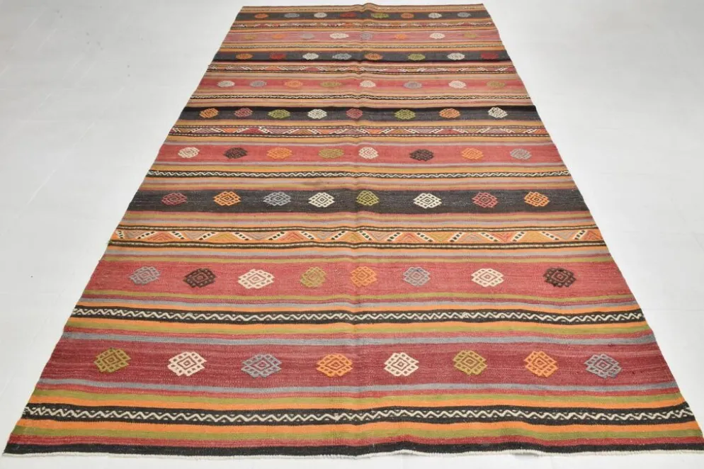 Tapis Kilim à rayures rouges, long et large, 190 x 356 cm