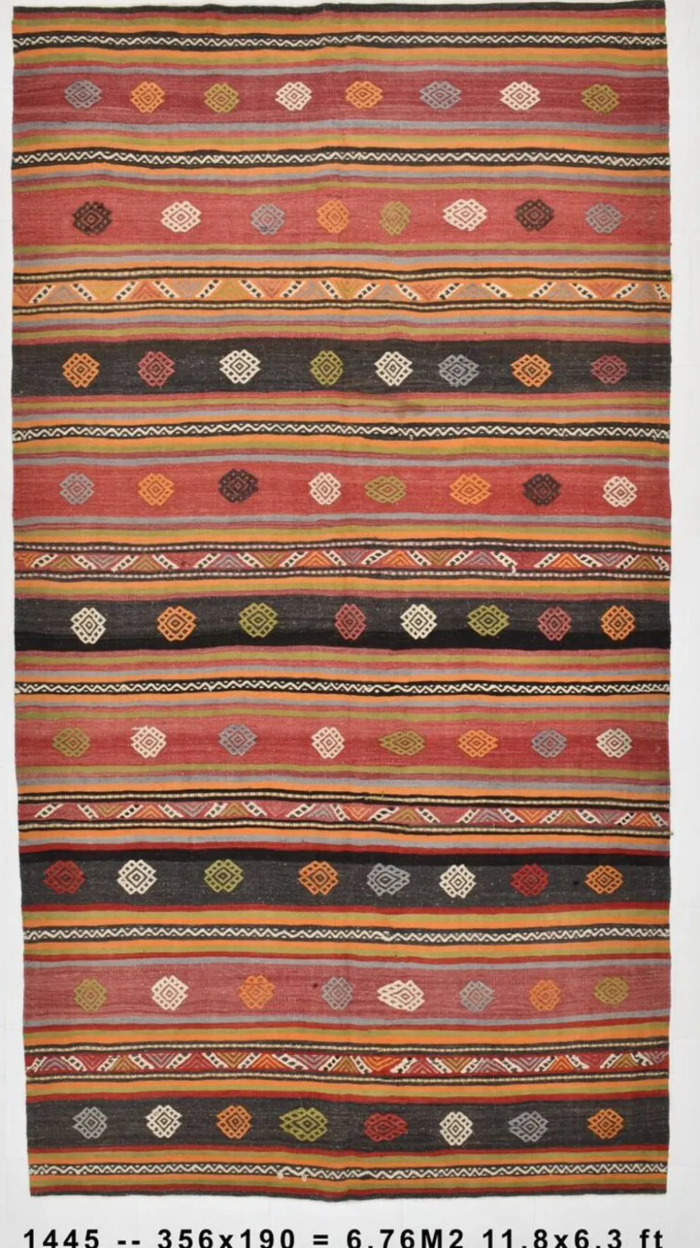 Tapis Kilim à rayures rouges, long et large, 190 x 356 cm
