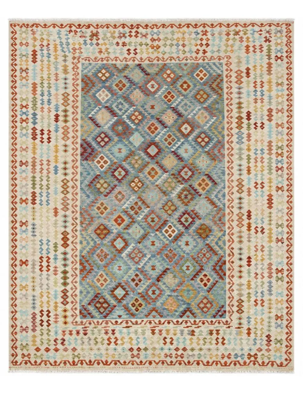Tapis Kilim surdimensionné bleu géométrique, tapis à tissage plat, motif zigzag.