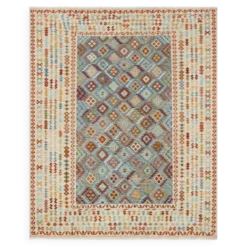 Tapis Kilim surdimensionné bleu géométrique, tapis à tissage plat, motif zigzag.