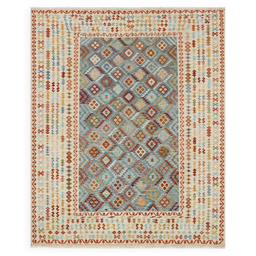 Tapis Kilim surdimensionné bleu géométrique, tapis à tissage plat, motif zigzag.