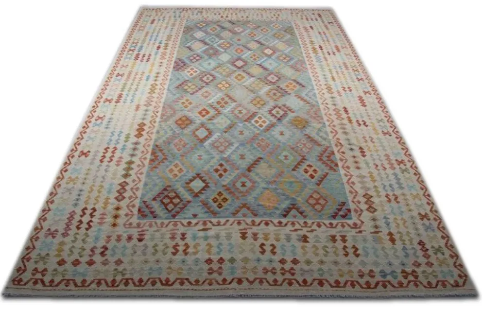 Tapis Kilim surdimensionné bleu géométrique, tapis à tissage plat, motif zigzag.