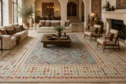 Tapis Kilim surdimensionné bleu géométrique, tapis à tissage plat, motif zigzag.