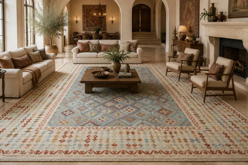 Tapis Kilim surdimensionné bleu géométrique, tapis à tissage plat, motif zigzag.