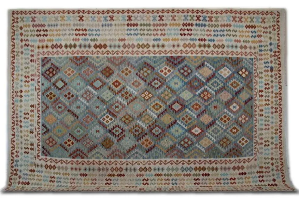 Tapis Kilim surdimensionné bleu géométrique, tapis à tissage plat, motif zigzag.