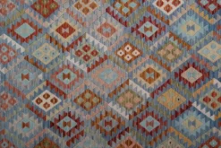 Tapis Kilim surdimensionné bleu géométrique, tapis à tissage plat, motif zigzag.