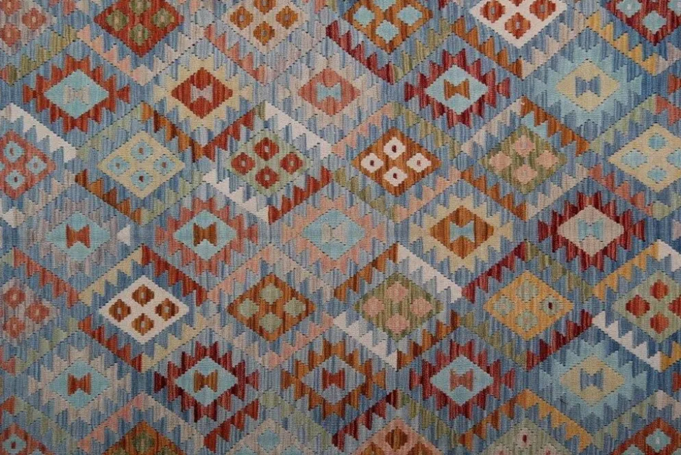 Tapis Kilim surdimensionné bleu géométrique, tapis à tissage plat, motif zigzag.