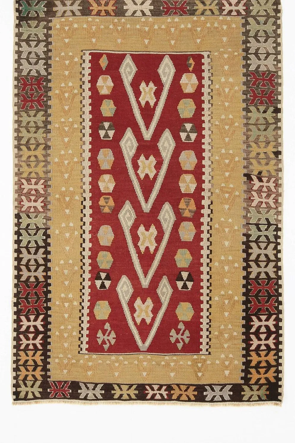 Tapis Kilim tribal vintage fait main rouge et moutarde 3x5, 95x143 cm