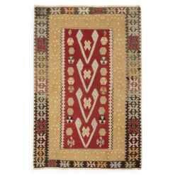 Tapis Kilim tribal vintage fait main rouge et moutarde 3x5, 95x143 cm