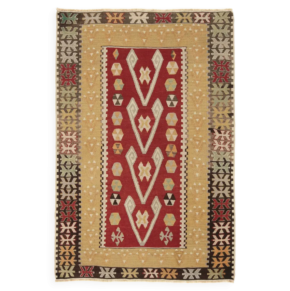 Tapis Kilim tribal vintage fait main rouge et moutarde 3x5, 95x143 cm