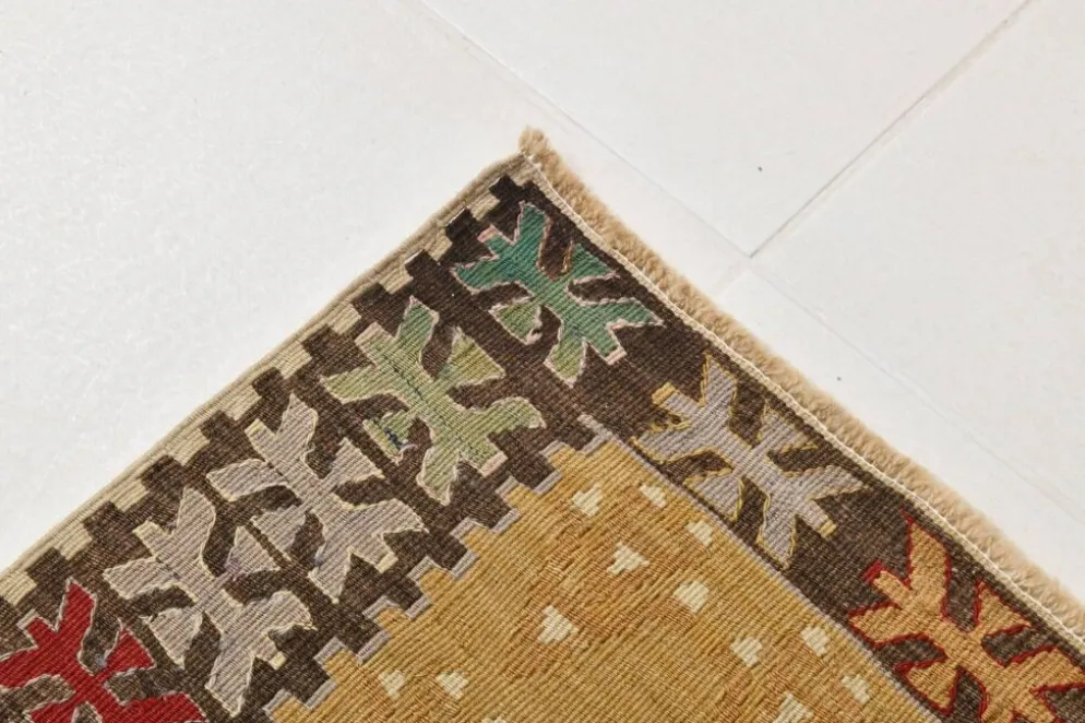 Tapis Kilim tribal vintage fait main rouge et moutarde 3x5, 95x143 cm
