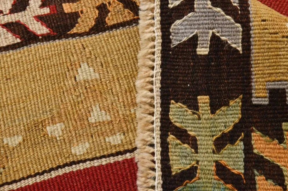 Tapis Kilim tribal vintage fait main rouge et moutarde 3x5, 95x143 cm