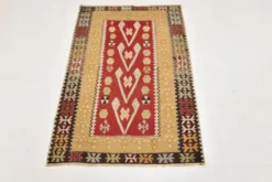 Tapis Kilim tribal vintage fait main rouge et moutarde 3x5, 95x143 cm