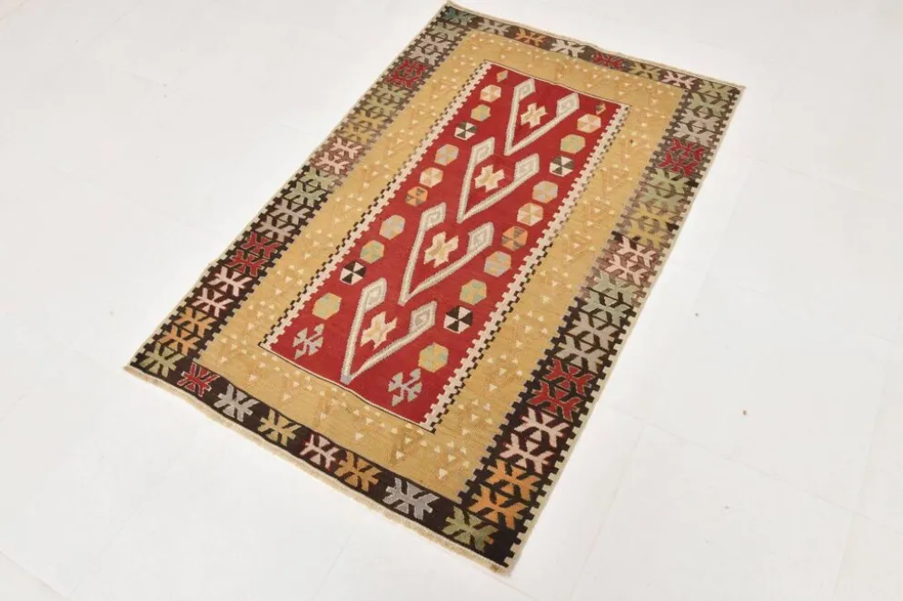Tapis Kilim tribal vintage fait main rouge et moutarde 3x5, 95x143 cm