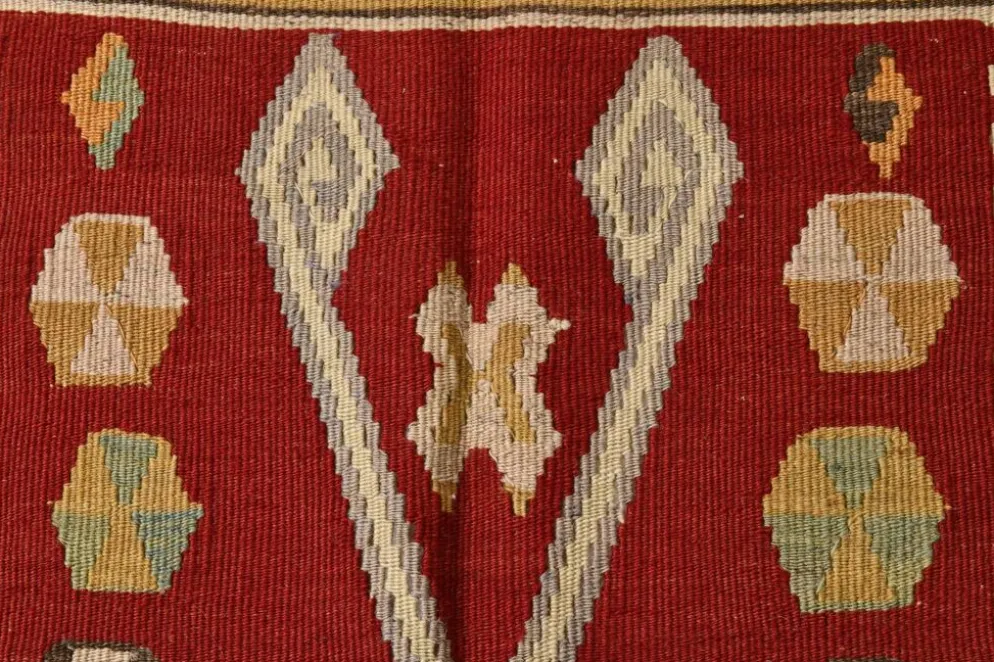 Tapis Kilim tribal vintage fait main rouge et moutarde 3x5, 95x143 cm