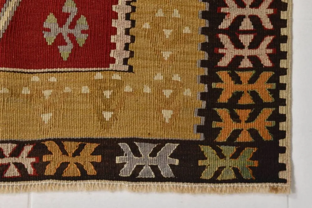Tapis Kilim tribal vintage fait main rouge et moutarde 3x5, 95x143 cm