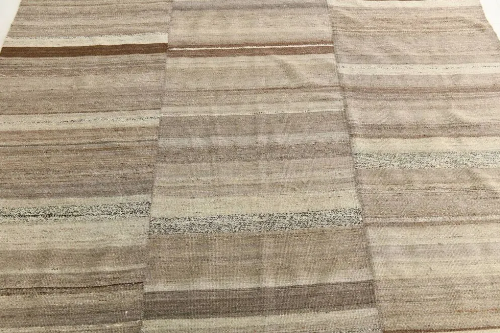 Tapis Kilim turc en laine naturelle beige et gris pierre, 233 x 293 cm