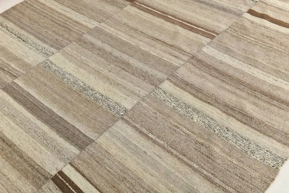 Tapis Kilim turc en laine naturelle beige et gris pierre, 233 x 293 cm