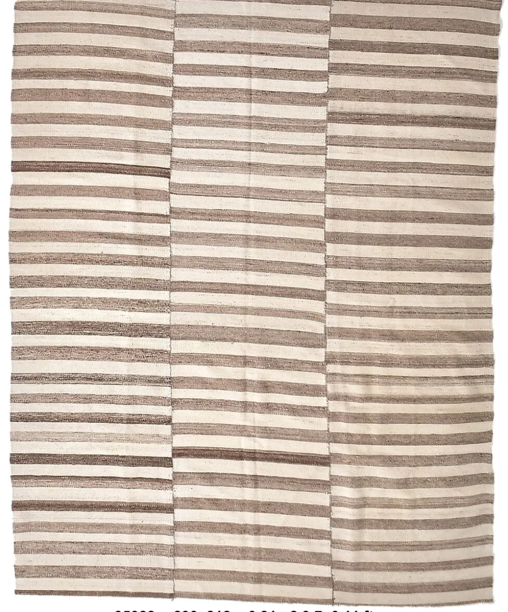 Tapis Kilim turc naturel à rayures blanches et marron, 210 x 300 cm