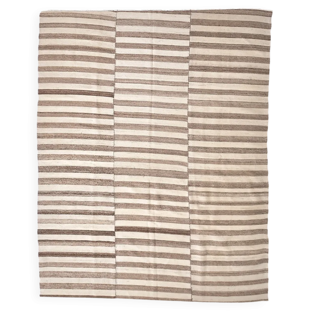Tapis Kilim turc naturel à rayures blanches et marron, 210 x 300 cm