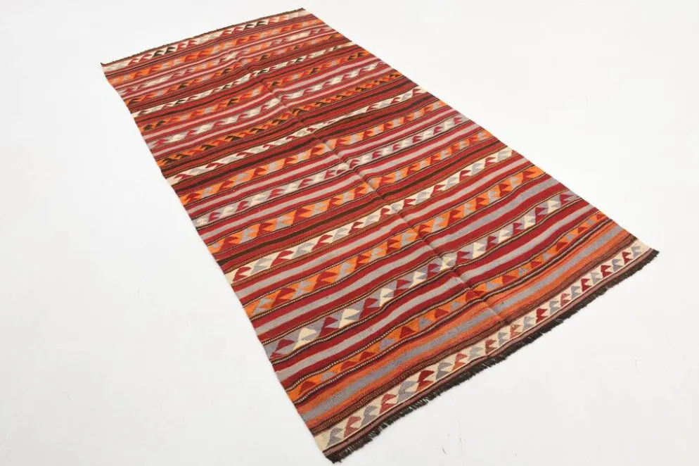 Tapis Kilim turc rouge et bleu 4x9, tapis de salon, Kilim vintage 133x272 cm