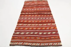 Tapis Kilim turc rouge et bleu 4x9, tapis de salon, Kilim vintage 133x272 cm