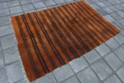 Tapis Kilim turc rustique orange brûlé, tapis en laine fait main, 146x220 cm