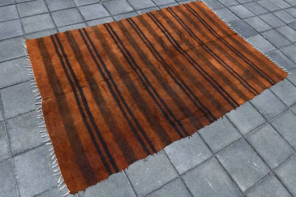 Tapis Kilim turc rustique orange brûlé, tapis en laine fait main, 146x220 cm