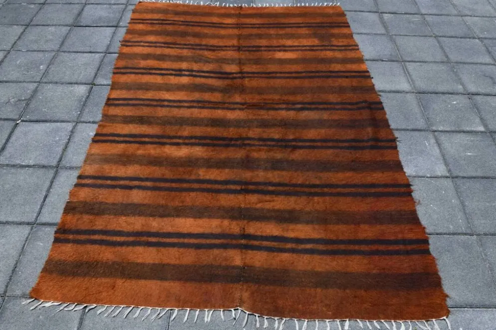 Tapis Kilim turc rustique orange brûlé, tapis en laine fait main, 146x220 cm