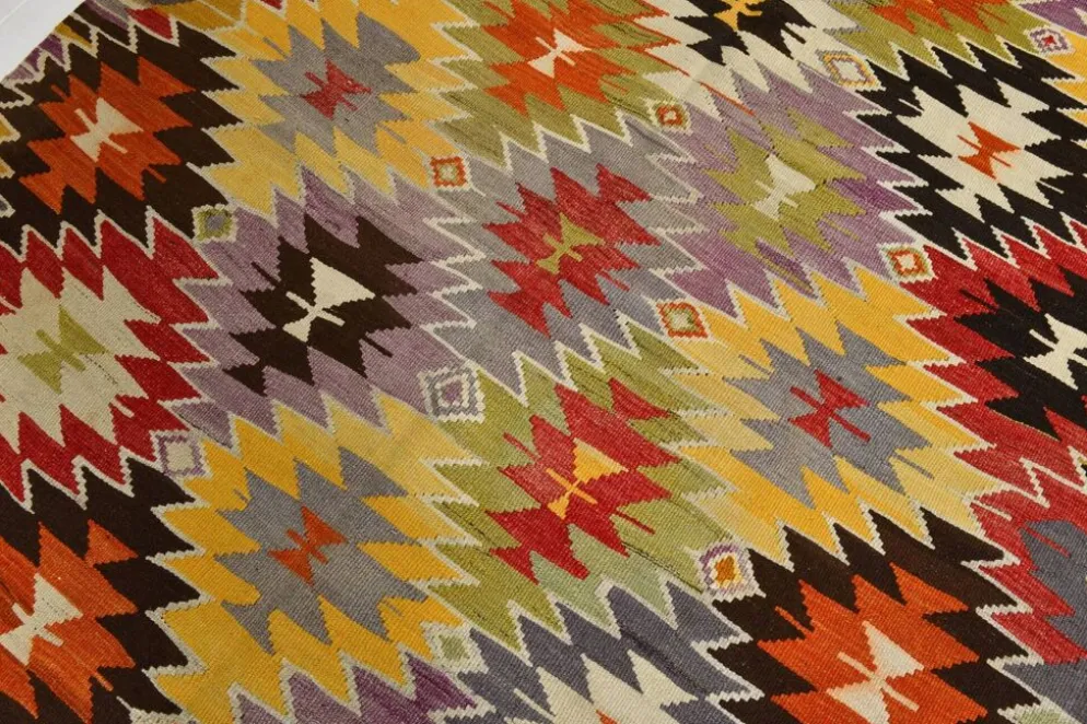 Tapis Kilim Turc 6x10 Laine Fait Main, Style Bohème, Motifs Géométriques,