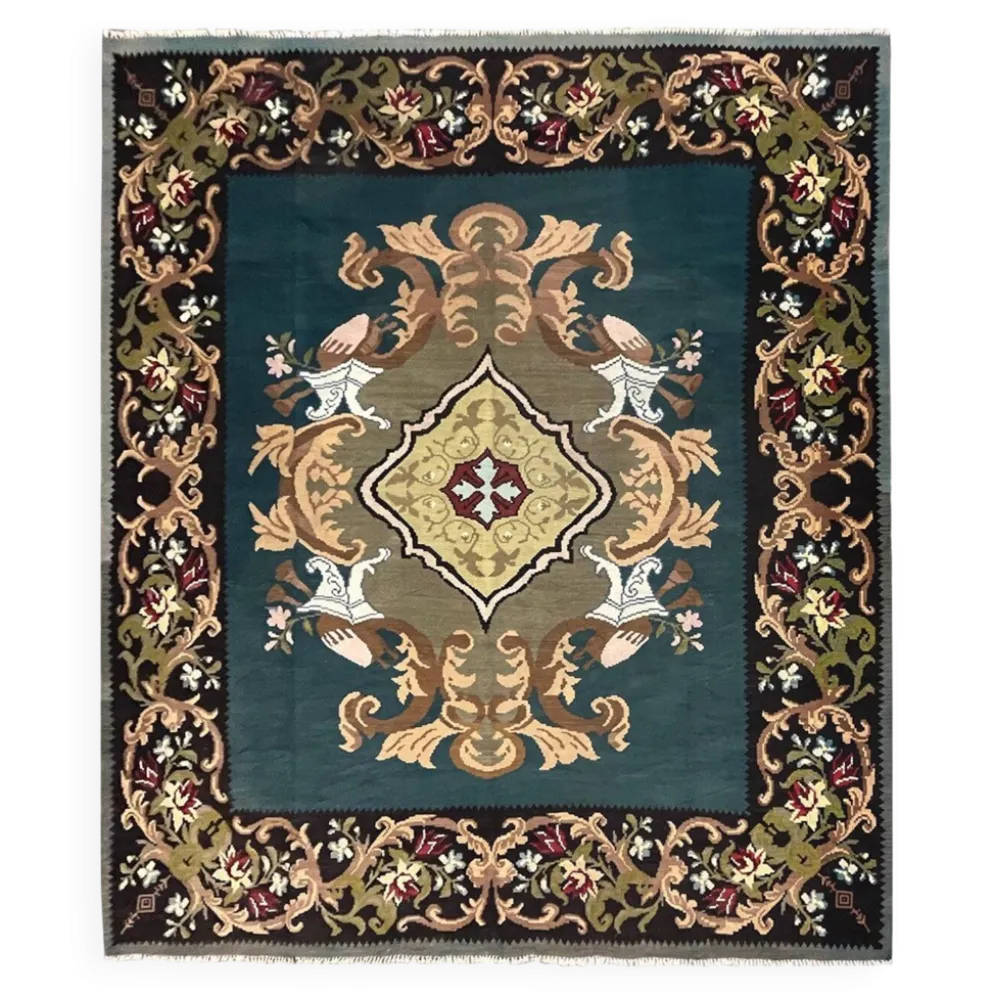 Tapis Kilim vert sarcelle fait à la main, tapis oriental, tapis carré de Moldavie.