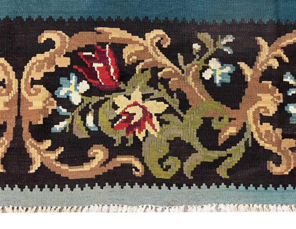 Tapis Kilim vert sarcelle fait à la main, tapis oriental, tapis carré de Moldavie.