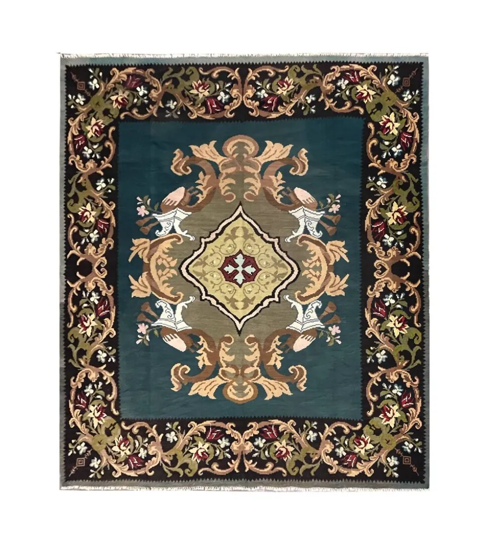 Tapis Kilim vert sarcelle fait à la main, tapis oriental, tapis carré de Moldavie.