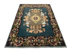 Tapis Kilim vert sarcelle fait à la main, tapis oriental, tapis carré de Moldavie.
