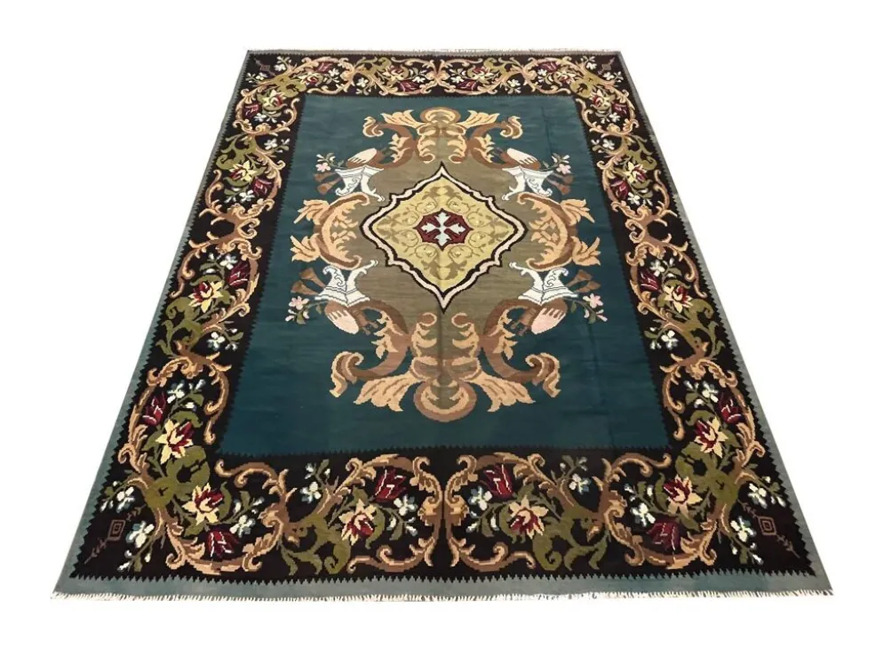 Tapis Kilim vert sarcelle fait à la main, tapis oriental, tapis carré de Moldavie.